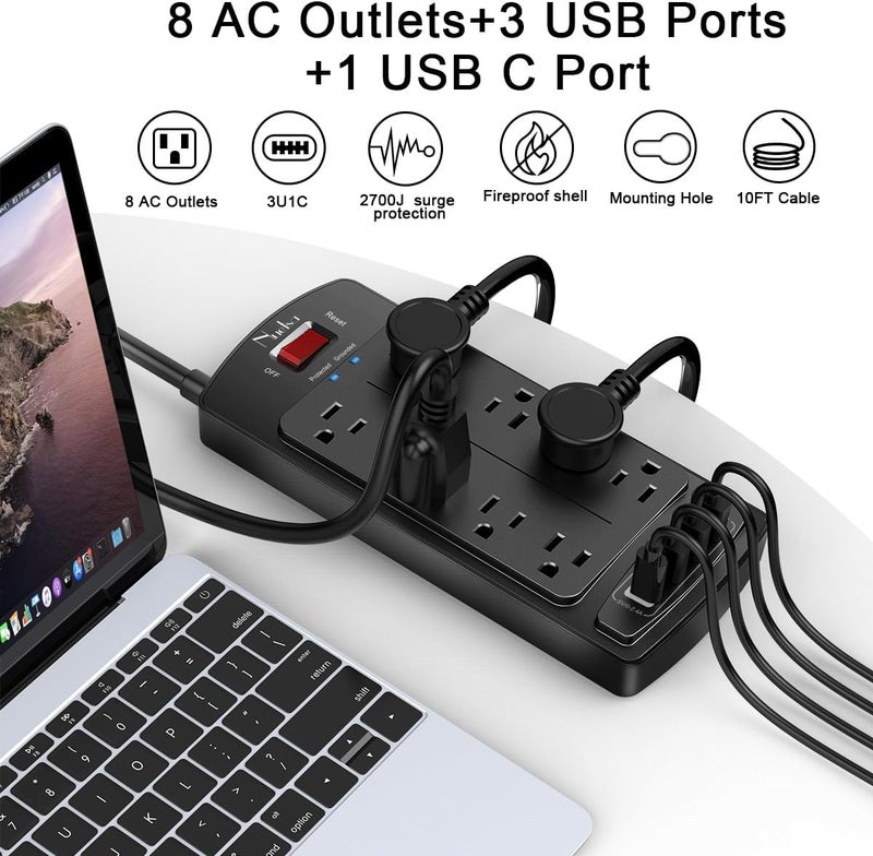 Nuetsa 10 Feet Surge Protector Power Strip - Extension Cord(1625W/13A) with 8 Outlets and 4 USB Ports, Flat Plug, 2700 Joules, for Home, School, College Dorm Room, and Office, ETL Listed, Black - Image 2