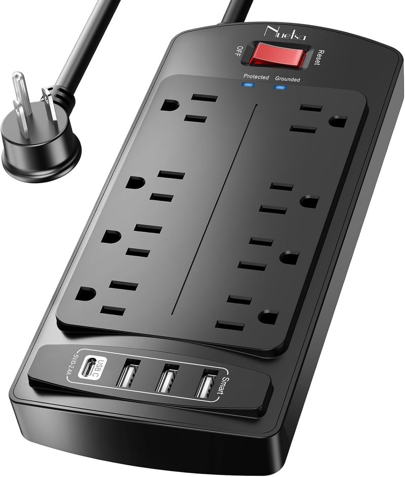 Nuetsa 10 Feet Surge Protector Power Strip - Extension Cord(1625W/13A) with 8 Outlets and 4 USB Ports, Flat Plug, 2700 Joules, for Home, School, College Dorm Room, and Office, ETL Listed, Black - Image 1