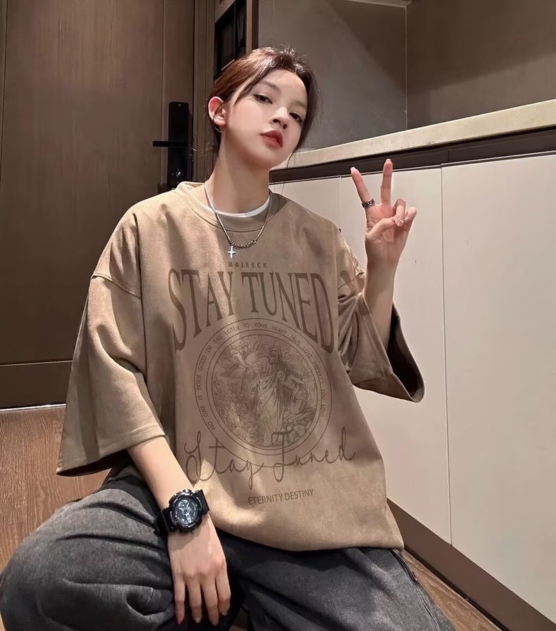 Suede Short-Sleeved T-Shirt Men'S Summer American-Style High-Street Hiphop Heavy-Weight Loose Half-Sleeved T-Shirt 1 - Image 1