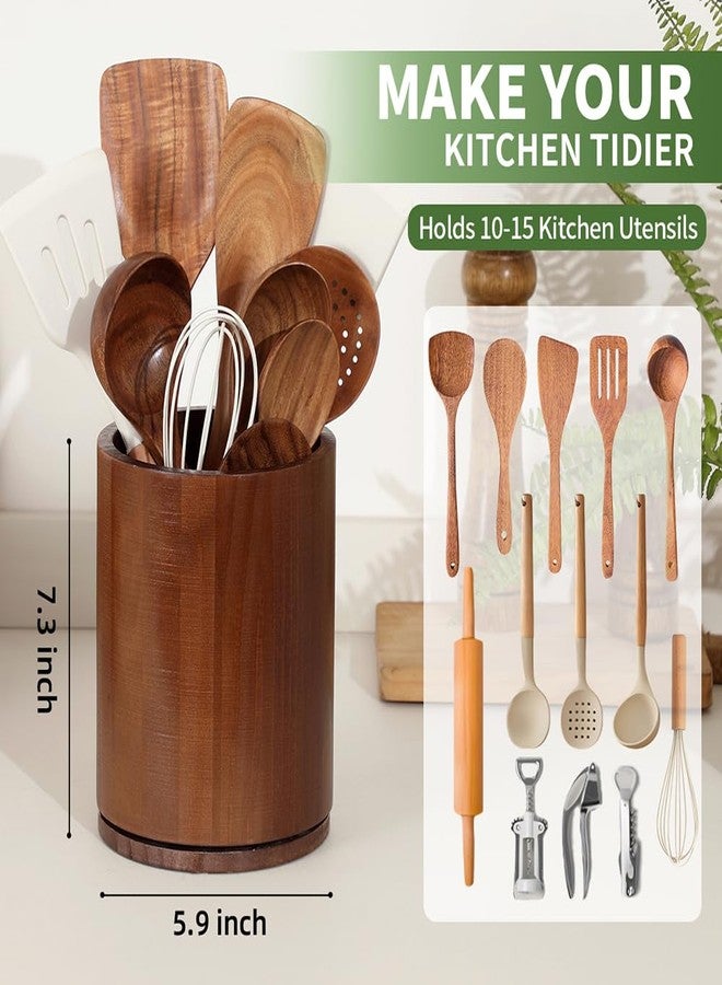 gorsent Wooden Utensil Holder, 360°Rotating 7.3'' Large Utensil Holder for Kitchen Counter, Kitchen Utensil Organizer, Utensil Crock, Farmhouse Kitchens Countertop Decor, Walnut-finish - Image 3