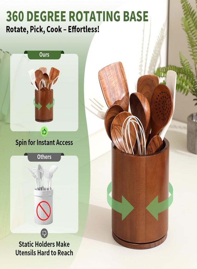 gorsent Wooden Utensil Holder, 360°Rotating 7.3'' Large Utensil Holder for Kitchen Counter, Kitchen Utensil Organizer, Utensil Crock, Farmhouse Kitchens Countertop Decor, Walnut-finish - Image 2