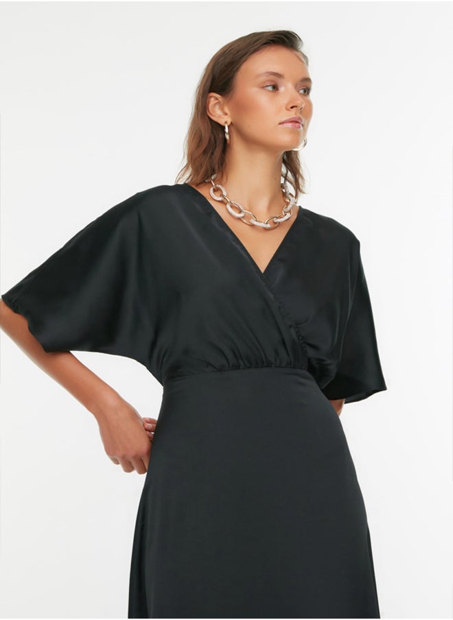 trendyol Black A-Line Woven Satin Long Evening Evening Dress TPRSS22AE0076  - Image 2