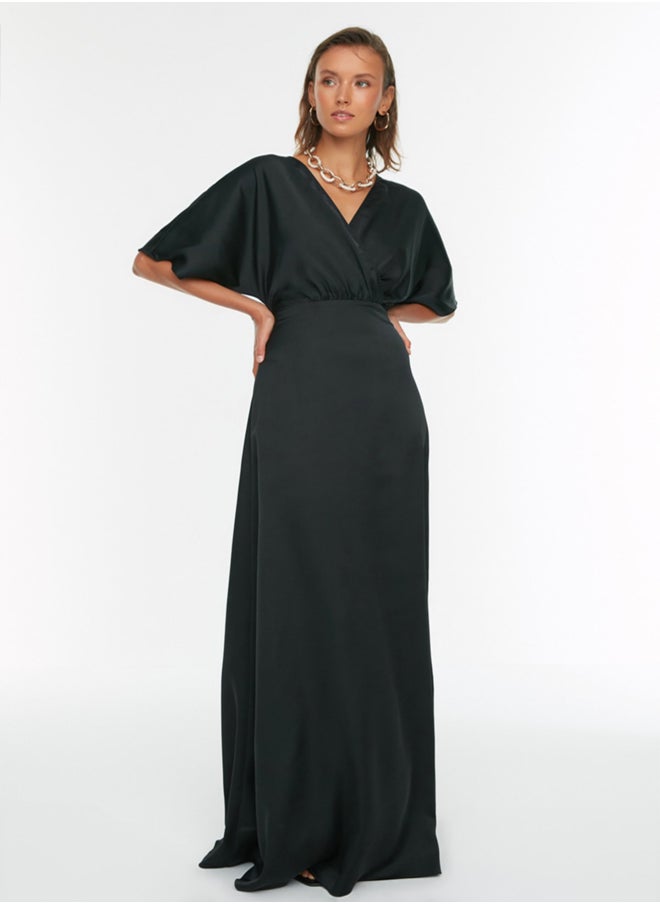 trendyol Black A-Line Woven Satin Long Evening Evening Dress TPRSS22AE0076  - Image 1