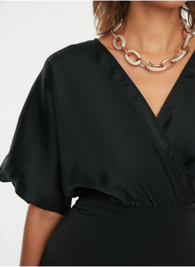 trendyol Black A-Line Woven Satin Long Evening Evening Dress TPRSS22AE0076  - Image 3