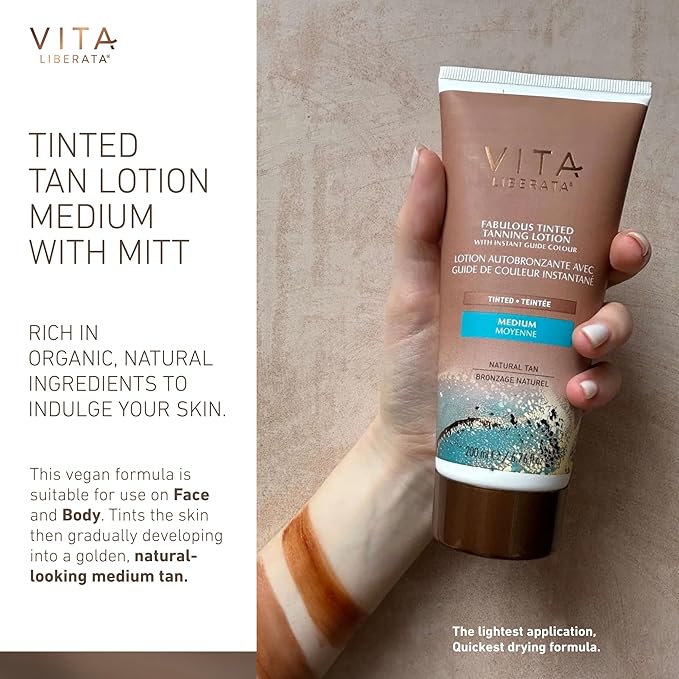 VITA LIBERATA Tinted Tan Lotion Medium 200ml Mitt Bundle Hydrating Tanning Lotion SunKissed Tan Designed for Face Body Use Tinted Lasting Tan Streak Free Blend - Image 2
