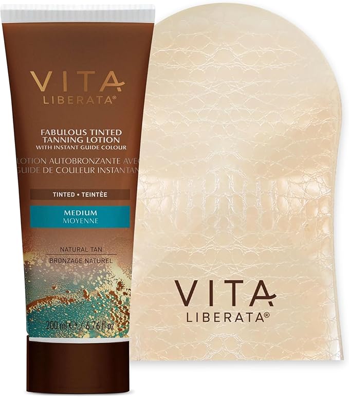 VITA LIBERATA Tinted Tan Lotion Medium 200ml Mitt Bundle Hydrating Tanning Lotion SunKissed Tan Designed for Face Body Use Tinted Lasting Tan Streak Free Blend - Image 1