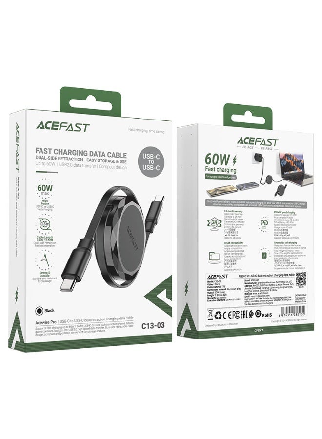 أسيفاست كابل شحن وبيانات C13-03 USB-C إلى USB-C، كابل شحن سريع PD بقوة 60 وات، 0.8 متر من سبائك الألومنيوم وTPE، معتمد - أسود - Image 5