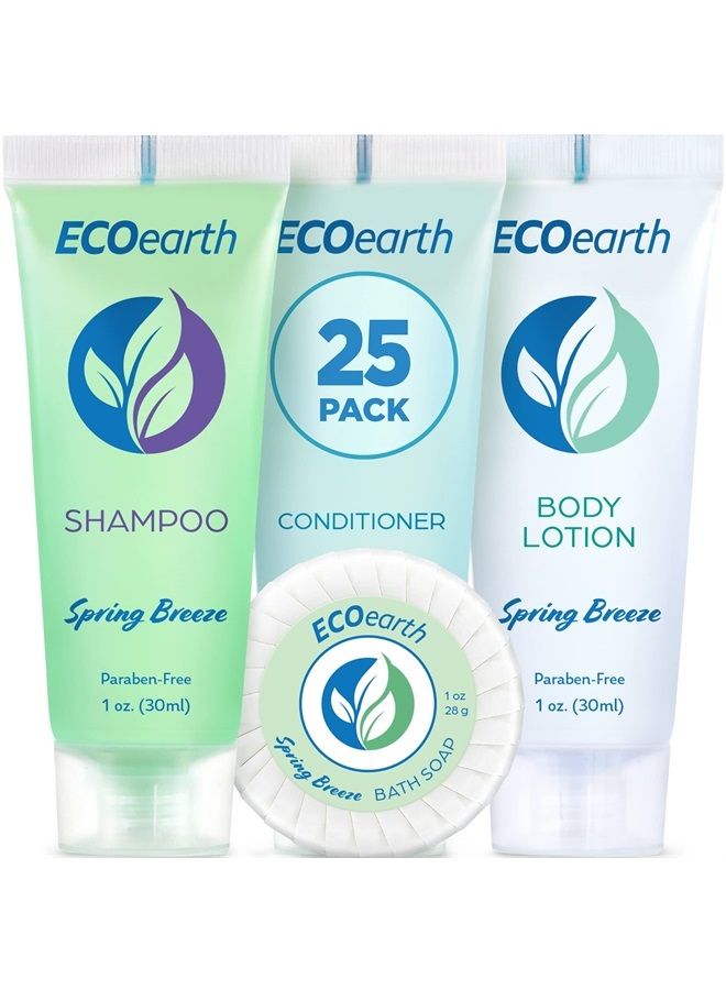 EcoEarth Hotel Toiletries Bundle (Spring Breeze, 1 oz each, 100 Pieces) 4-Piece Set: 25 Round Bar Soap, 25 Shampoo, 25 Conditioner & 25 Body Lotion - Bulk Mini Guest Amenities - Image 1