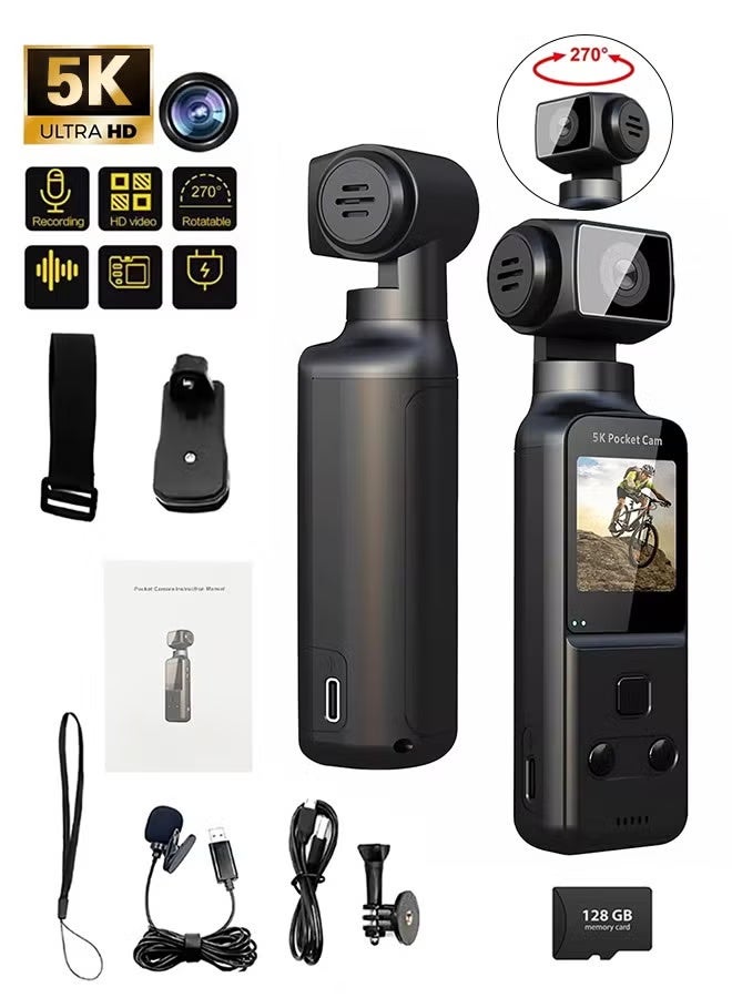ZONBON 5K HD Anti-Shake Sports Camera, 270 Degree Rotation Portable Sport Motion Camera with Mic Clip Outdoor Riding Shooting Vlog, 1.3Inch Screen Pocket Digital Cam, Included 128G Card,1000mAh Rechargeable - Image 1