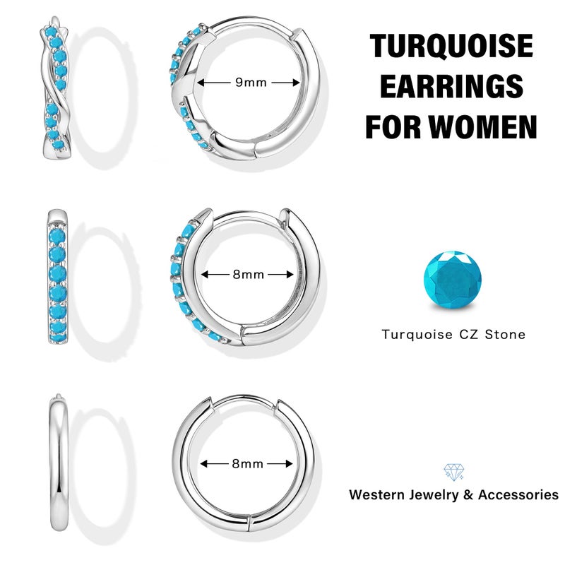 Inerney Sterling Silver Turquoise Earrings for Women, Dainty 925 Small Summer Earring Hypoallergenic Western Jewelry for Multiple Piercings, Trendy Twisted Mini Cartilage Huggie Hoops Set Gift - Image 3