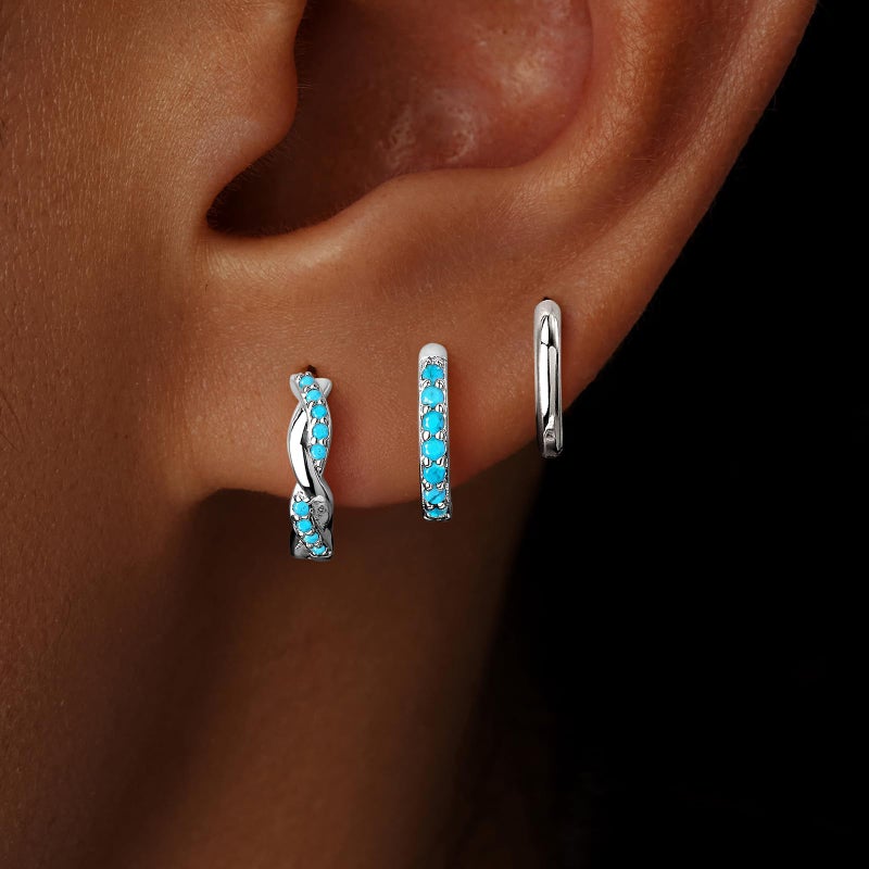 Inerney Sterling Silver Turquoise Earrings for Women, Dainty 925 Small Summer Earring Hypoallergenic Western Jewelry for Multiple Piercings, Trendy Twisted Mini Cartilage Huggie Hoops Set Gift - Image 2