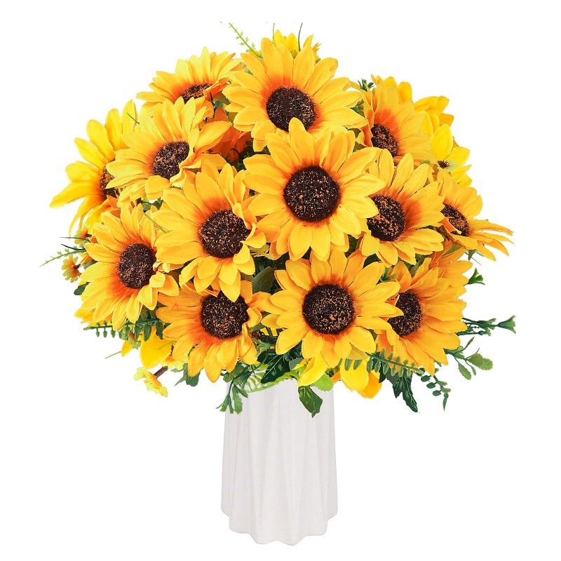 Beferr 2 Bunches Artificial Sunflowers Flowers Realistic Fake Silk Sun Flower Bridal Bouquets for Wedding Party Outdoor Indoor Floral Arrangement Home Decoration