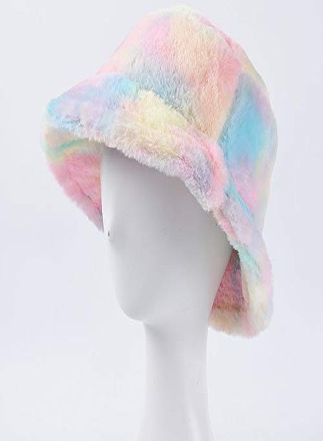 قبعة دلو نسائية من الفرو الصناعي بألوان قوس قزح، قبعة شتوية دافئة وناعمة، قبعة صياد - Image 3