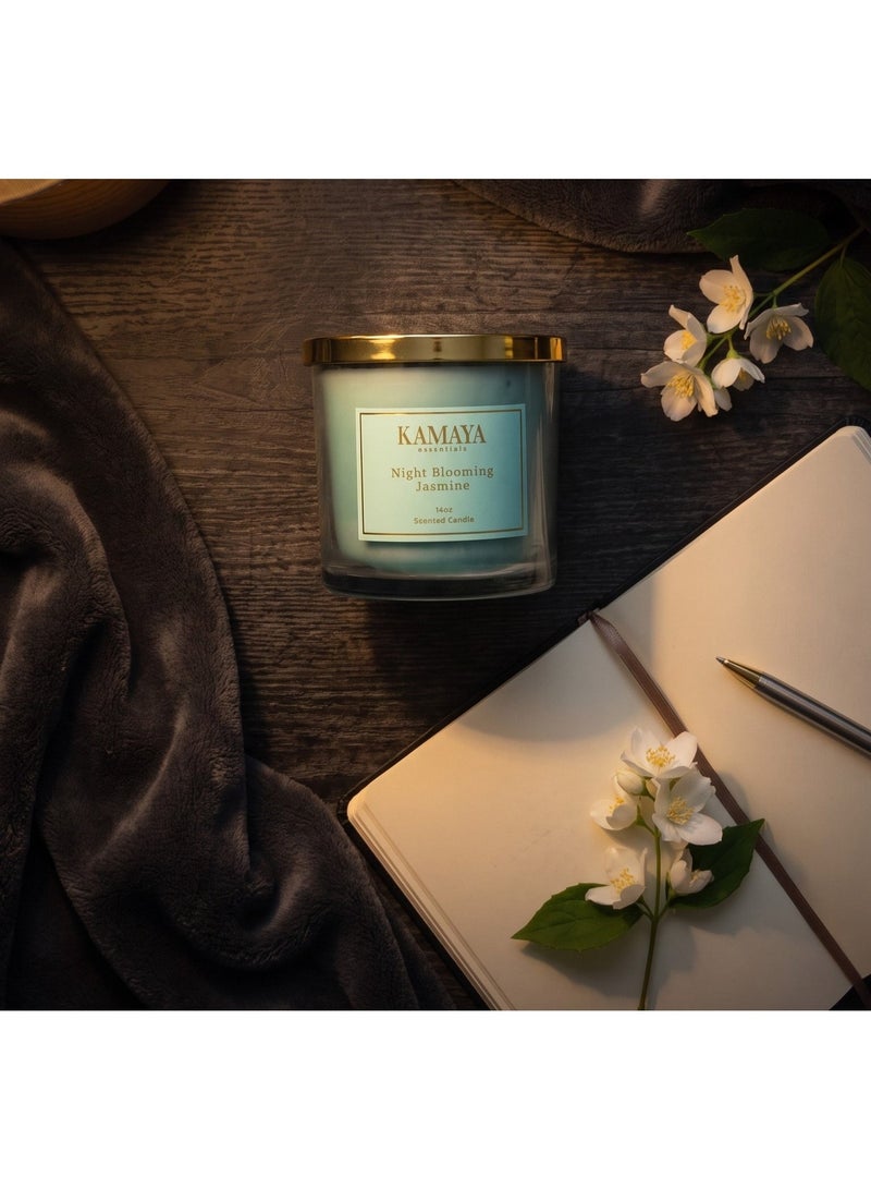 KAMAYA IRIS Collection Night Blooming Jasmine Scented candle with 3 wicks | 400 gms with long lasting jasmine fragrance | Clear jar with gold lid - Image 1