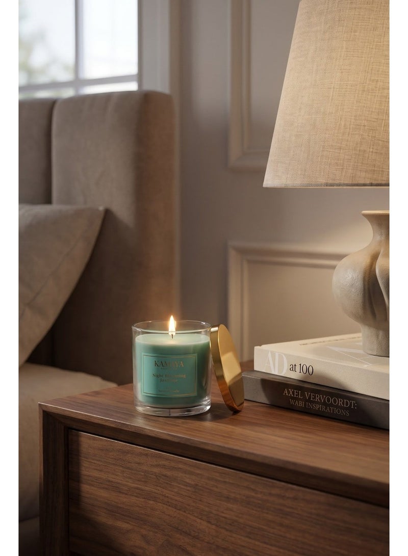 KAMAYA IRIS Collection Night Blooming Jasmine Scented candle with 3 wicks | 400 gms with long lasting jasmine fragrance | Clear jar with gold lid - Image 1