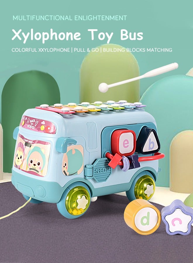 GROIC Baby Musical Push And Pull Bus Toys, Multifunctional Music Bus with Xylophone Instruments Shape Sorting Building Blocks And Removable Wheel Bell Montessori Educational Toy for Toddlers - Image 2