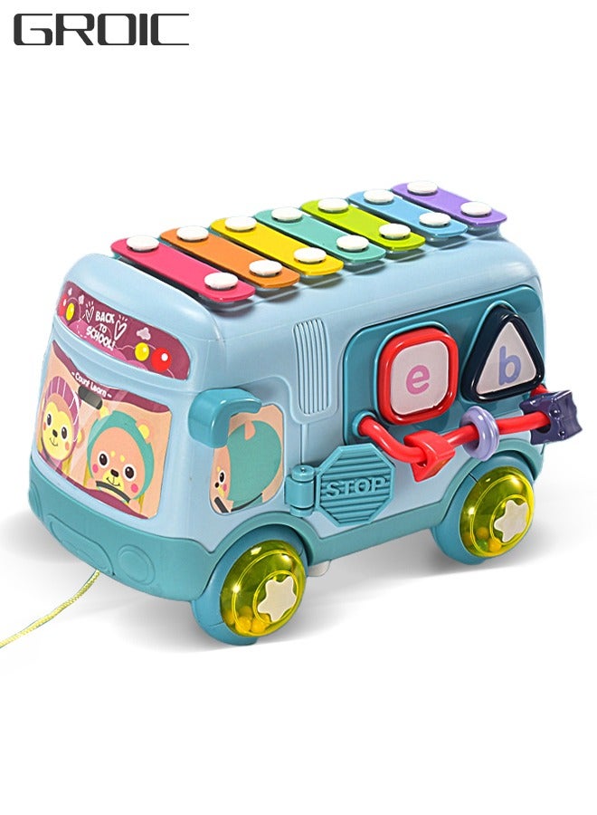 GROIC Baby Musical Push And Pull Bus Toys, Multifunctional Music Bus with Xylophone Instruments Shape Sorting Building Blocks And Removable Wheel Bell Montessori Educational Toy for Toddlers - Image 1