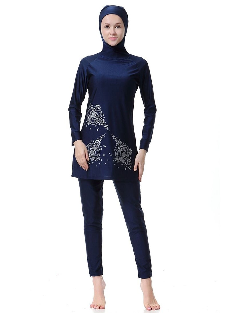 Loquat Womens Highly Elastic Hooded Printed Swimwear Set Conservative Style Long Sleeve Burkini Swimsuit Set Navy Blue  - Image 1