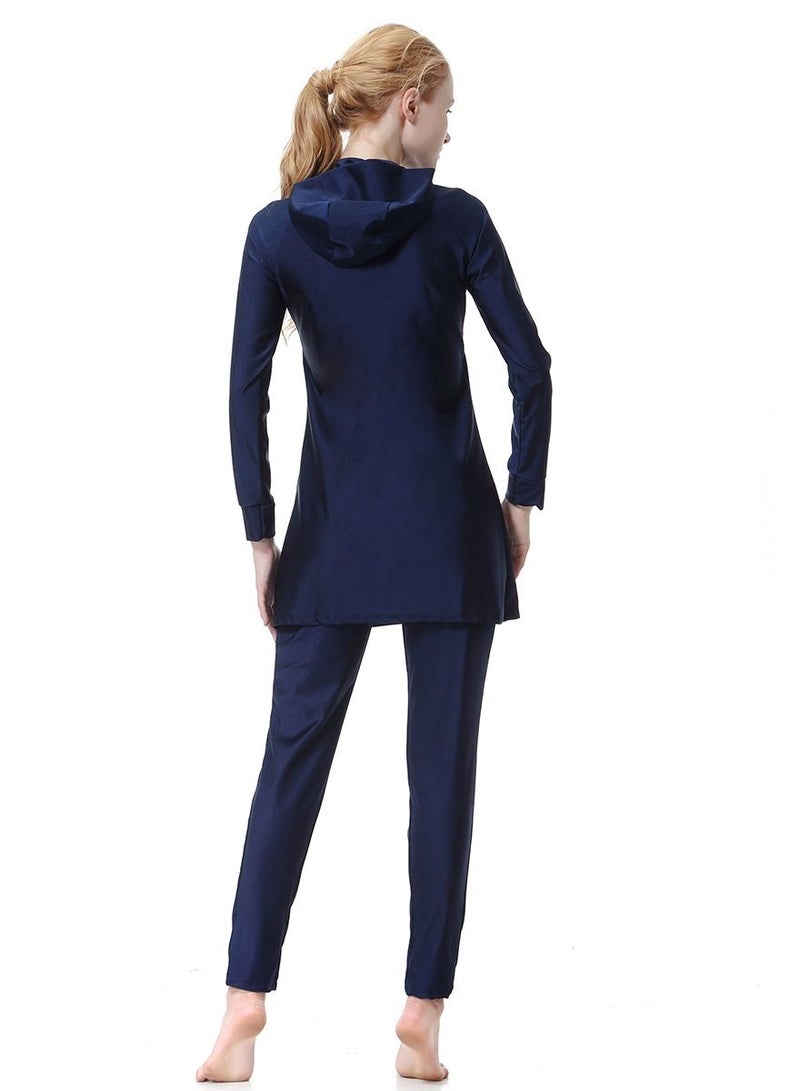 Loquat Womens Highly Elastic Hooded Printed Swimwear Set Conservative Style Long Sleeve Burkini Swimsuit Set Navy Blue  - Image 2