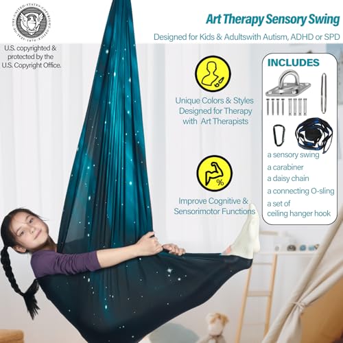 HiChrote Sensory Swing for Kids Holds up to 300lbs Indoor Outdoor Therapy Cuddle Swing with Hammock Hooks Hanger Kit for Calming Effect for Autism ADHD or SPD Space Teal - Image 3