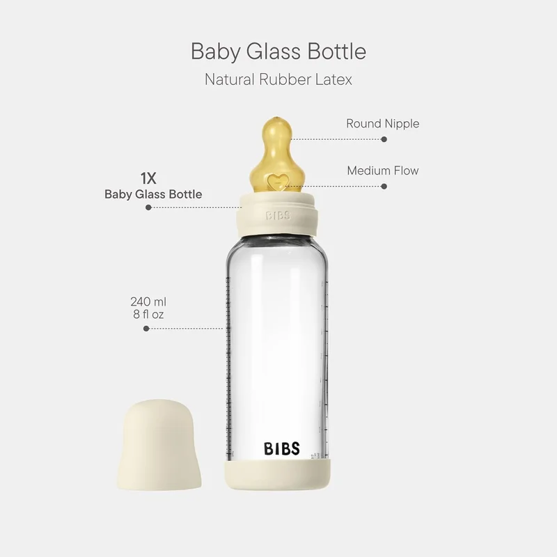 BIBS BIBS Glass Baby Bottle with Latex Nipple - 240ml - Ivory