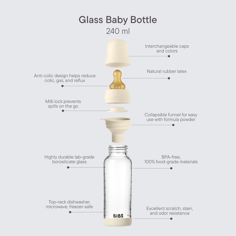 BIBS Glass Baby Bottle with Latex Nipple - 240ml - Ivory - Image 3