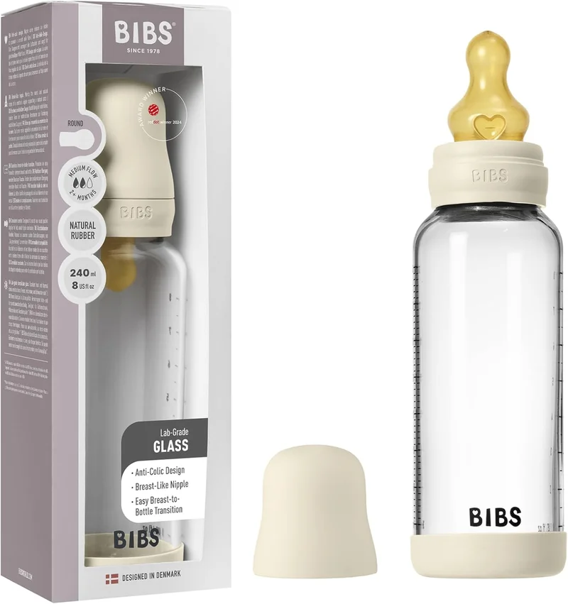 BIBS BIBS Glass Baby Bottle with Latex Nipple - 240ml - Ivory