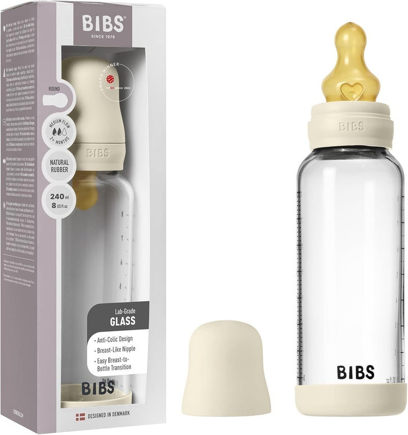 BIBS Glass Baby Bottle with Latex Nipple - 240ml - Ivory - Image 1