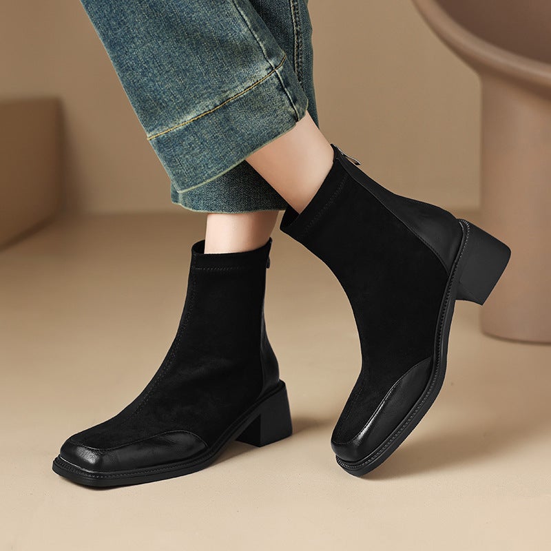 British Style Square Head Car Stitching With 32-43 Size Suede Low-Barrel Women'S Boots - Image 2