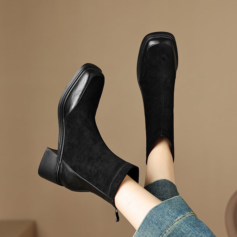 British Style Square Head Car Stitching With 32-43 Size Suede Low-Barrel Women'S Boots - Image 4
