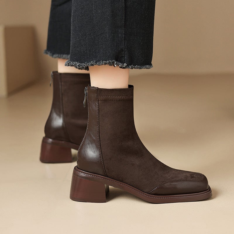 British Style Square Head Car Stitching With 32-43 Size Suede Low-Barrel Women'S Boots - Image 5