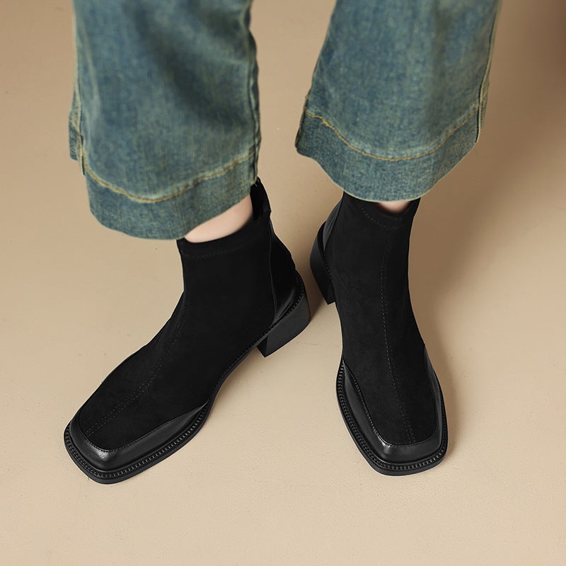 British Style Square Head Car Stitching With 32-43 Size Suede Low-Barrel Women'S Boots - Image 3