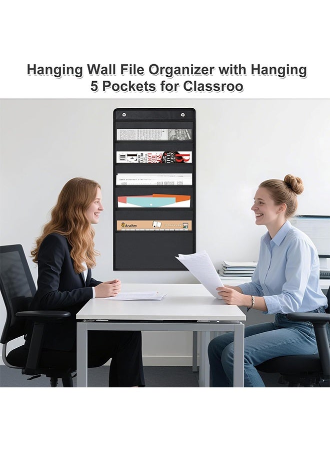 Hanging Wall File Organizer, 5 Pocket, Black Wall Storage Pocket Charts with 2 Hangers, Oxford Cloth Storage Pocket, Over The Door File Organizer, Great for Classroom, Home or Office Use (5 Pocket) - Image 5