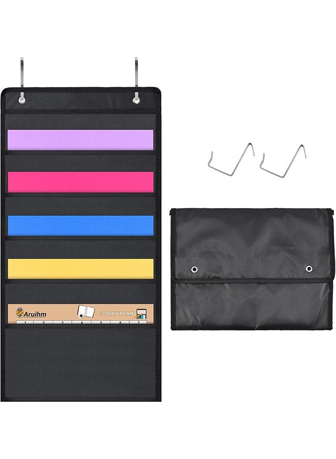 Hanging Wall File Organizer, 5 Pocket, Black Wall Storage Pocket Charts with 2 Hangers, Oxford Cloth Storage Pocket, Over The Door File Organizer, Great for Classroom, Home or Office Use (5 Pocket) - Image 1