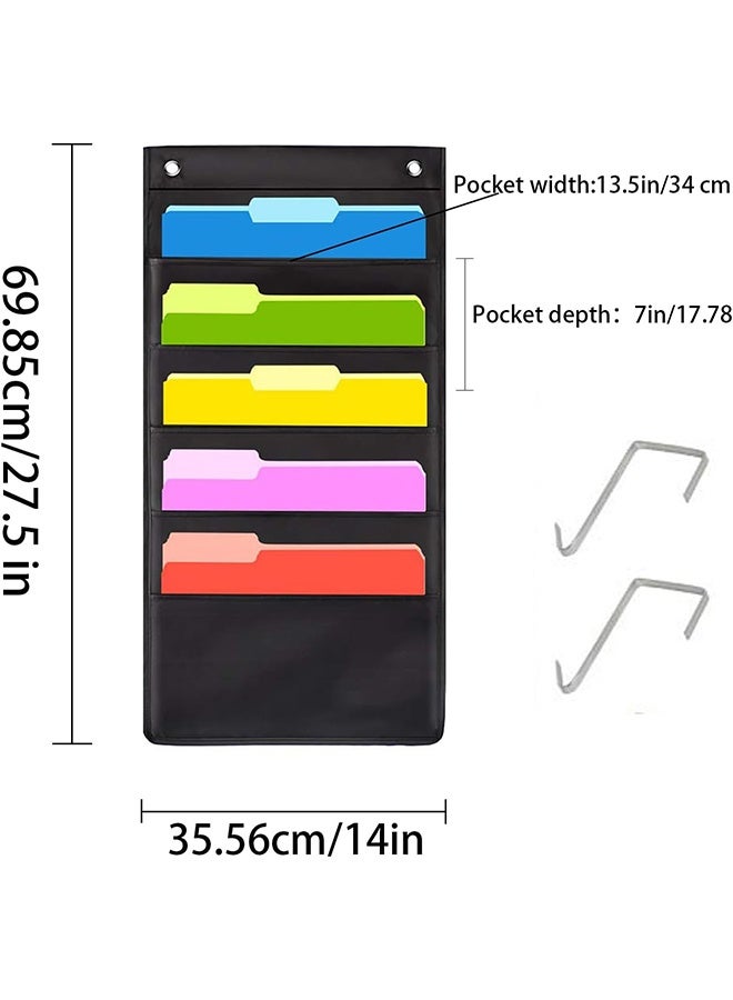 Hanging Wall File Organizer, 5 Pocket, Black Wall Storage Pocket Charts with 2 Hangers, Oxford Cloth Storage Pocket, Over The Door File Organizer, Great for Classroom, Home or Office Use (5 Pocket) - Image 2