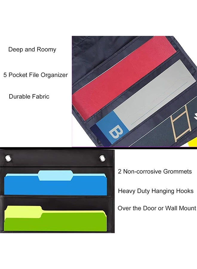 Hanging Wall File Organizer, 5 Pocket, Black Wall Storage Pocket Charts with 2 Hangers, Oxford Cloth Storage Pocket, Over The Door File Organizer, Great for Classroom, Home or Office Use (5 Pocket) - Image 4