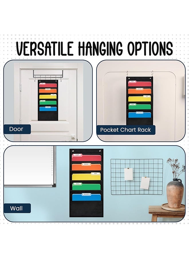 Hanging Wall File Organizer, 5 Pocket, Black Wall Storage Pocket Charts with 2 Hangers, Oxford Cloth Storage Pocket, Over The Door File Organizer, Great for Classroom, Home or Office Use (5 Pocket) - Image 3