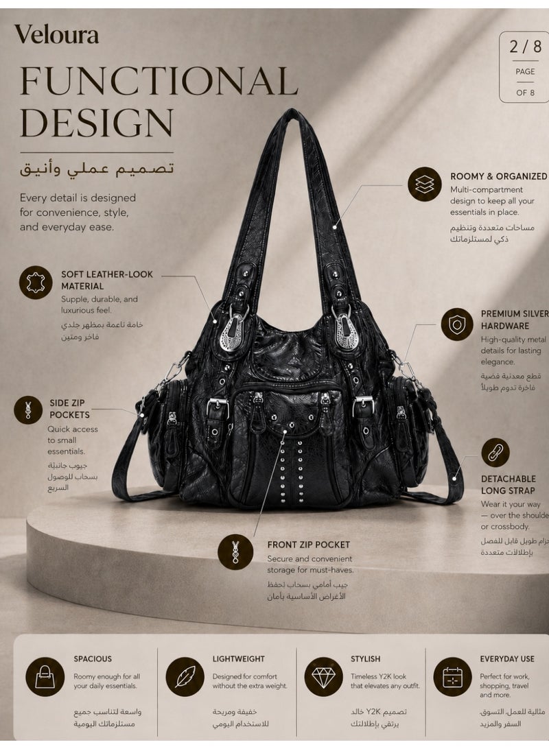 Veloura Y2K Shoulder Bag for Women, Soft Faux Leather Multi-Pocket Handbag with Detachable Strap, Spacious Everyday Tote Bag for Work, Shopping & Travel, Black, 32 × 25 × 11 cm - Image 4