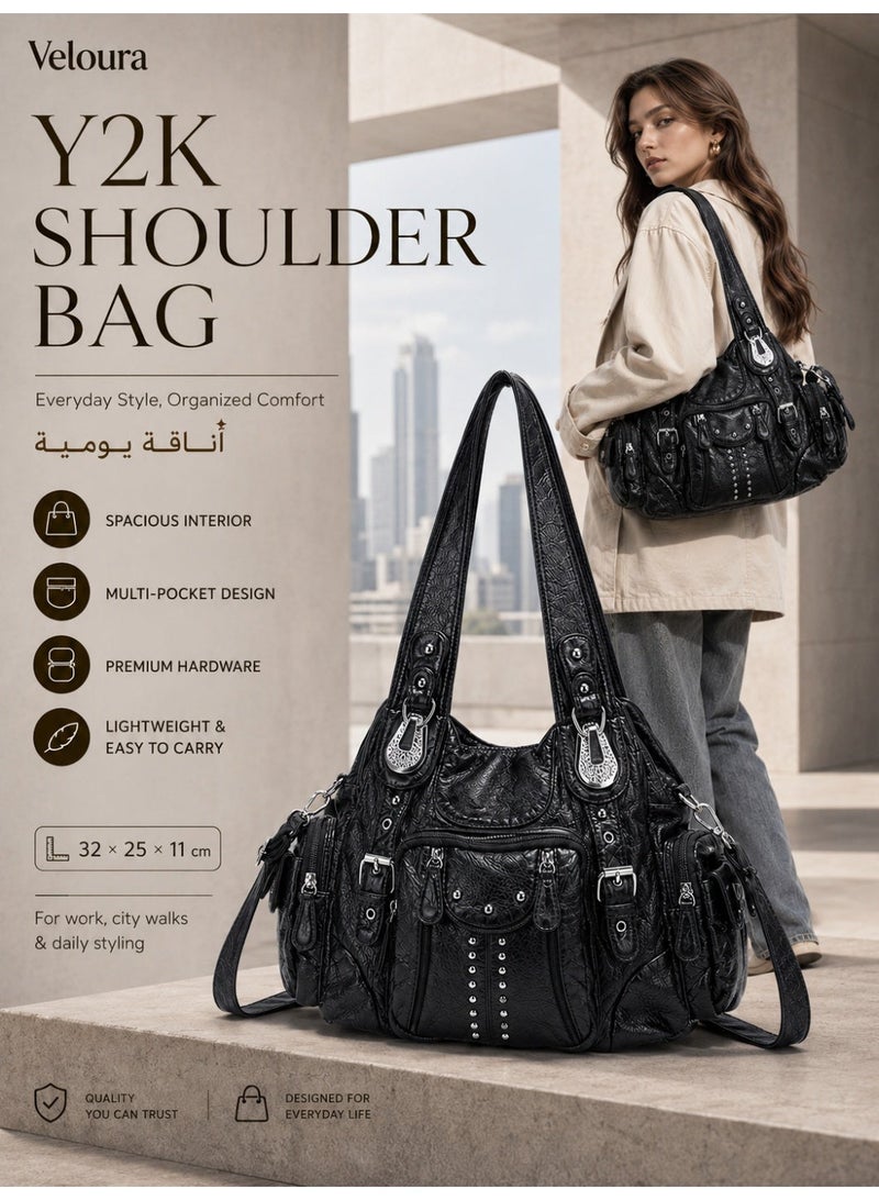 Veloura Y2K Shoulder Bag for Women, Soft Faux Leather Multi-Pocket Handbag with Detachable Strap, Spacious Everyday Tote Bag for Work, Shopping & Travel, Black, 32 × 25 × 11 cm - Image 1