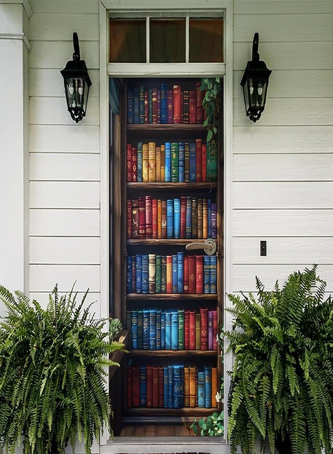 REDAMANCY Vintage Book Shelf Antique Blue/Red Peel and Stick Door Stickers Vinyl Mural Decals Decor Modern Wallpaper Self-Adhesive, Waterproof, Removable - Image 5