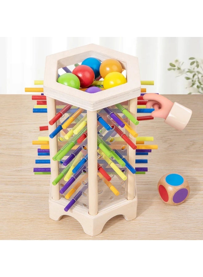 F.A.M.S Wooden Montessori Stick Drop Game – Colorful Sticks, Balls & Dice – Kerplunk-Style Tower Game for Kids – Learning Toy for Fine Motor Skills, Color Recognition & Family Play - Image 1