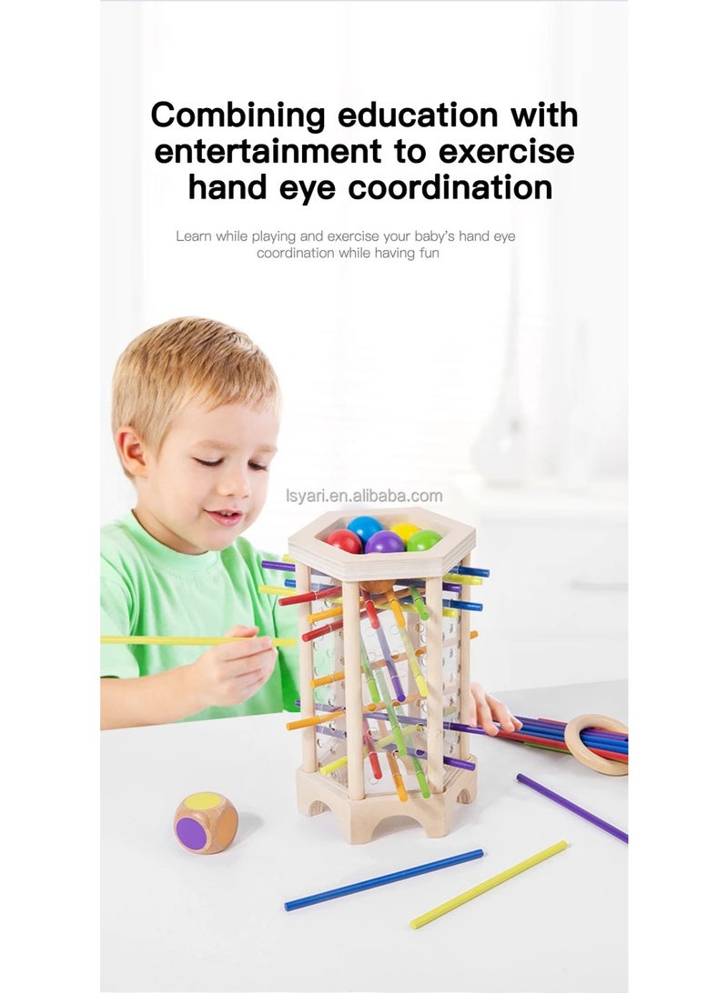 F.A.M.S Wooden Montessori Stick Drop Game – Colorful Sticks, Balls & Dice – Kerplunk-Style Tower Game for Kids – Learning Toy for Fine Motor Skills, Color Recognition & Family Play - Image 2