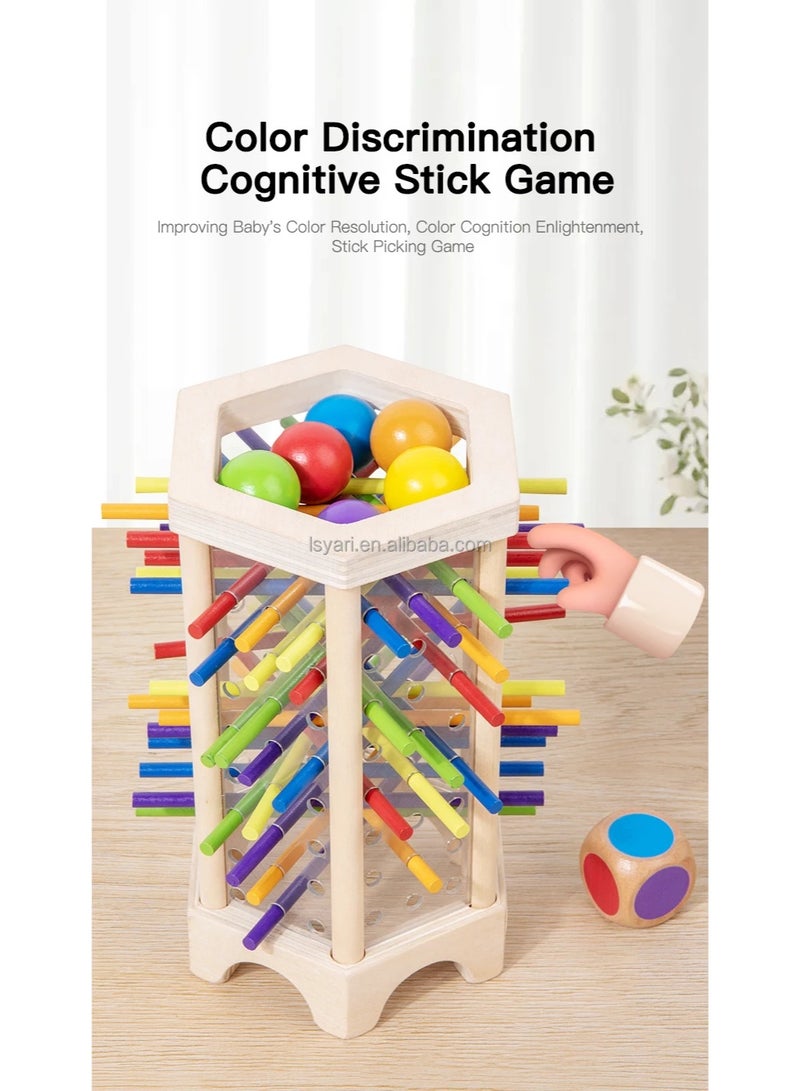 F.A.M.S Wooden Montessori Stick Drop Game – Colorful Sticks, Balls & Dice – Kerplunk-Style Tower Game for Kids – Learning Toy for Fine Motor Skills, Color Recognition & Family Play - Image 3