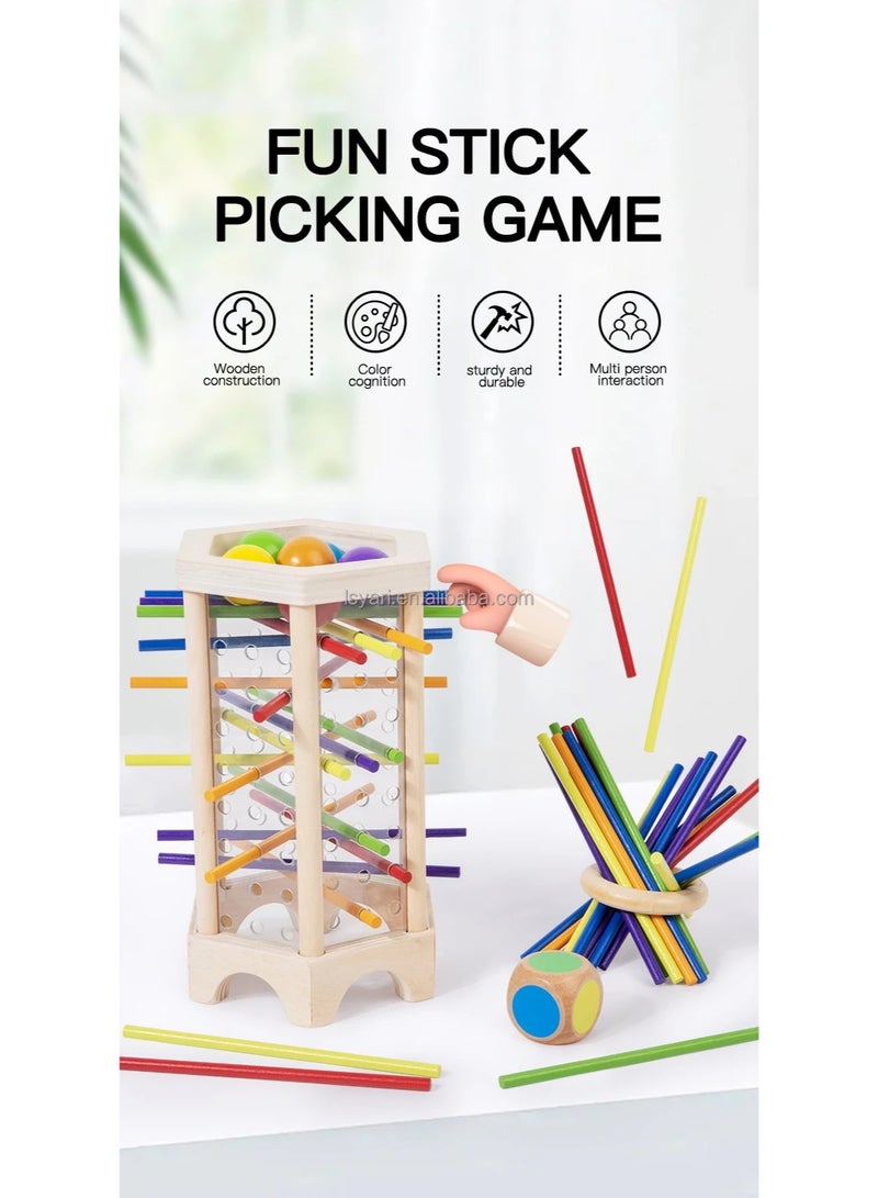 F.A.M.S Wooden Montessori Stick Drop Game – Colorful Sticks, Balls & Dice – Kerplunk-Style Tower Game for Kids – Learning Toy for Fine Motor Skills, Color Recognition & Family Play - Image 4