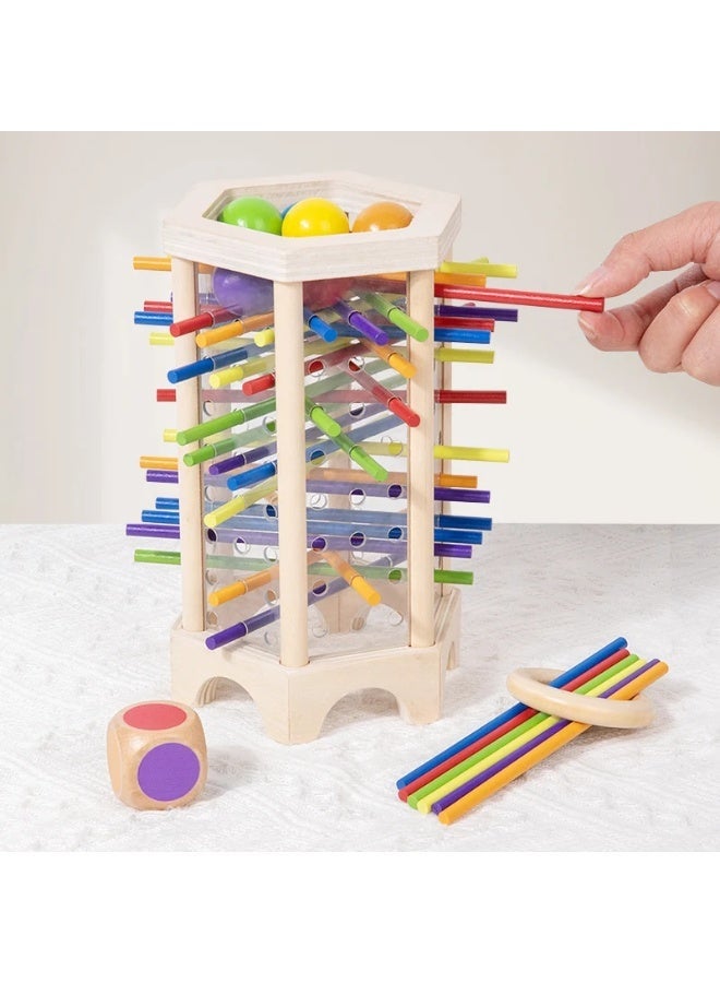 لعبة إسقاط الأعواد الخشبية بمنهج منتسوري – برج أعواد ملون مع الكرات والنرد – لعبة تعليمية لتنمية المهارات الحركية والتعرف على الألوان ولعبة جماعية للأطفال - Image 2