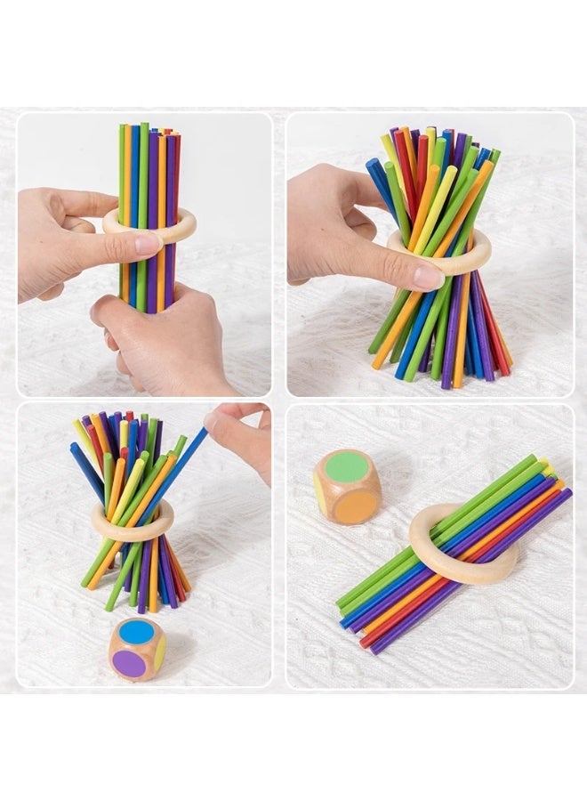 لعبة إسقاط الأعواد الخشبية بمنهج منتسوري – برج أعواد ملون مع الكرات والنرد – لعبة تعليمية لتنمية المهارات الحركية والتعرف على الألوان ولعبة جماعية للأطفال - Image 4