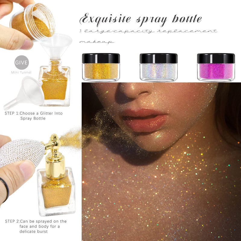 NewBang Body Glitter Spray,Sliver Gold Pink Glitter Powder,Shimmer Highlighter Loose Powder Glitter Makeup for Body Face Hair Clothes Nail Art Craft Design 3 Colors-with 1 Empty Spray Bottle - Image 2