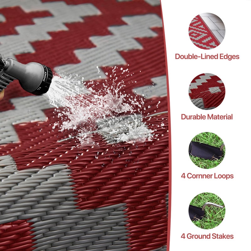 GENIMO Christmas Outdoor Rug for Patio Clearance, 6'x9' Reversible Plastic Straw Rugs, Lightweight Waterproof RV Camping Mat for Camper, Balcony, Deck, Backyard, Picnic, Red Grey - Image 5
