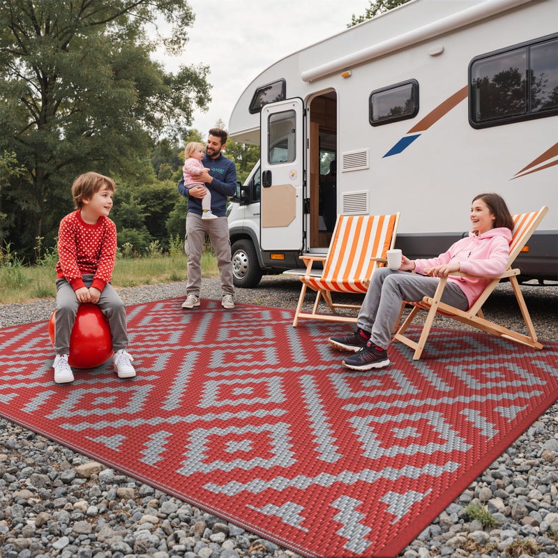 GENIMO Christmas Outdoor Rug for Patio Clearance, 6'x9' Reversible Plastic Straw Rugs, Lightweight Waterproof RV Camping Mat for Camper, Balcony, Deck, Backyard, Picnic, Red Grey - Image 3