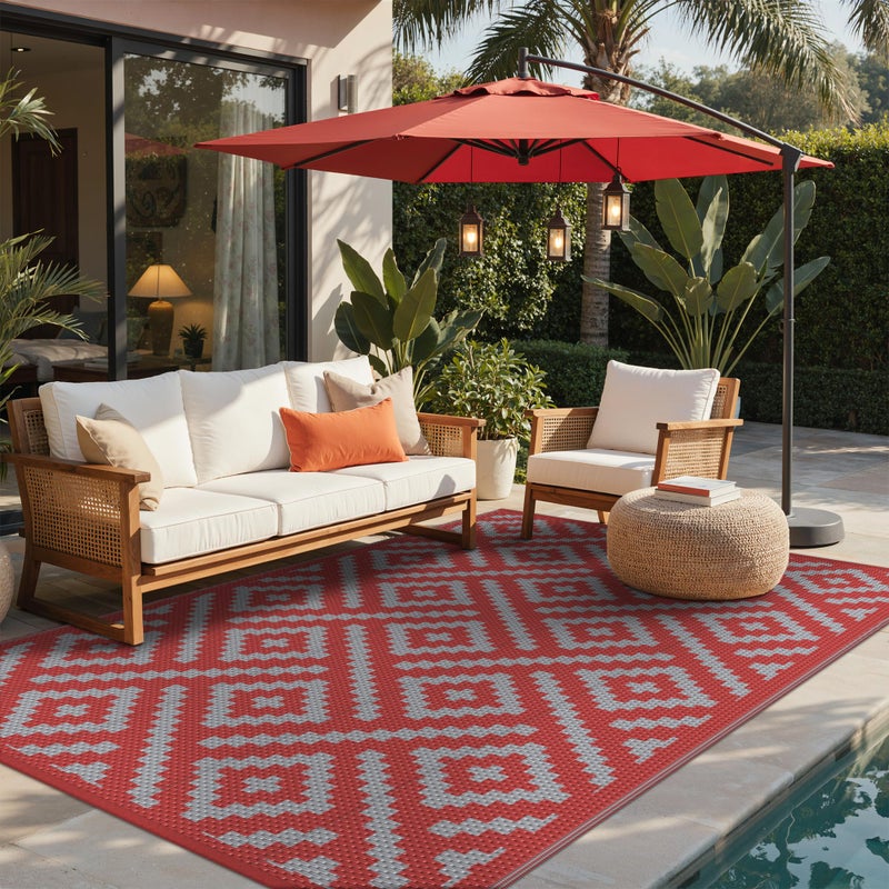 GENIMO Christmas Outdoor Rug for Patio Clearance, 6'x9' Reversible Plastic Straw Rugs, Lightweight Waterproof RV Camping Mat for Camper, Balcony, Deck, Backyard, Picnic, Red Grey - Image 4